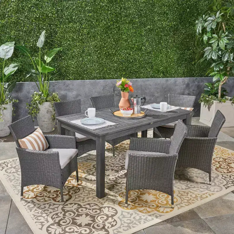 GDFStudio Aloha Set da Pranzo Espandibile da Esterno a 7 Pezzi in Legno di Acacia e Vimini