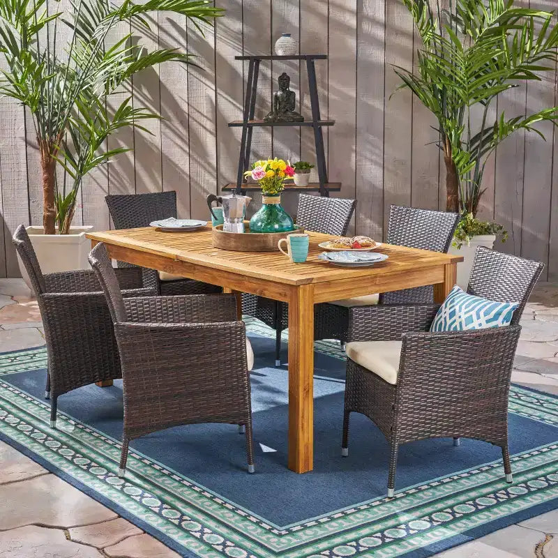 GDFStudio Aloha Set da Pranzo Espandibile da Esterno a 7 Pezzi in Legno di Acacia e Vimini