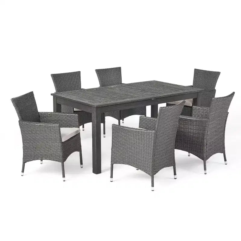 GDFStudio Aloha Set da Pranzo Espandibile da Esterno a 7 Pezzi in Legno di Acacia e Vimini
