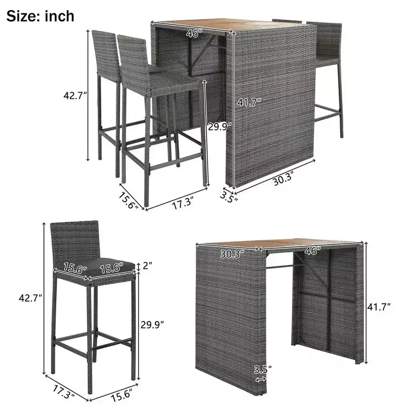 Set da bar da esterno Whisen a 5 pezzi in vimini di rattan PE con tavolo pieghevole e cuscini