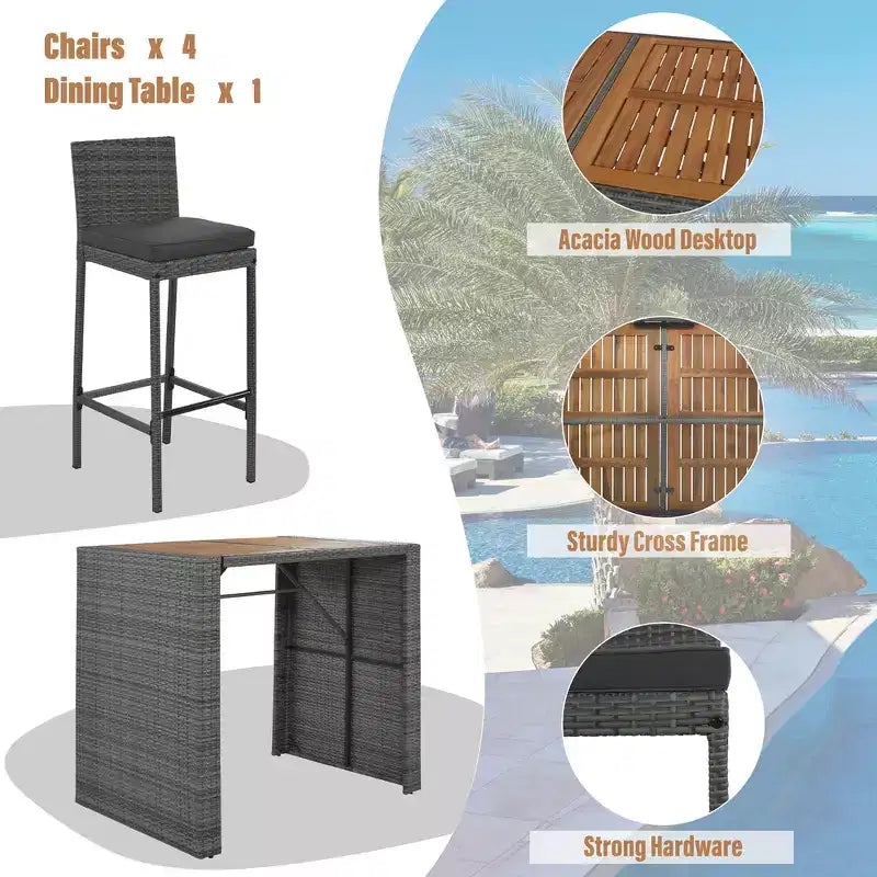 Set da bar da esterno Whisen a 5 pezzi in vimini di rattan PE con tavolo pieghevole e cuscini