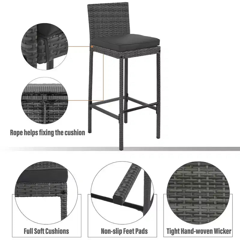 Set da bar da esterno Whisen a 5 pezzi in vimini di rattan PE con tavolo pieghevole e cuscini