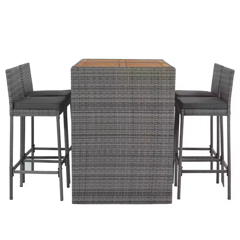 Set da bar da esterno Whisen a 5 pezzi in vimini di rattan PE con tavolo pieghevole e cuscini