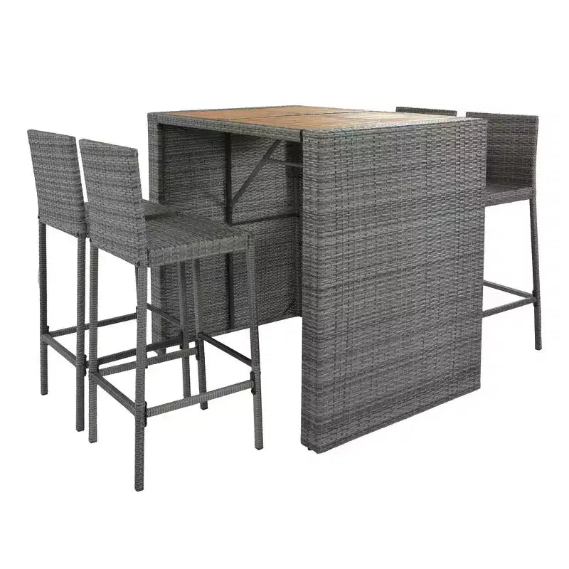 Set da bar da esterno Whisen a 5 pezzi in vimini di rattan PE con tavolo pieghevole e cuscini