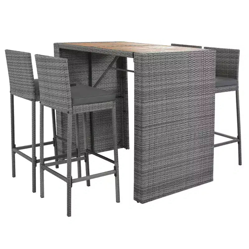 Set da bar da esterno Whisen a 5 pezzi in vimini di rattan PE con tavolo pieghevole e cuscini