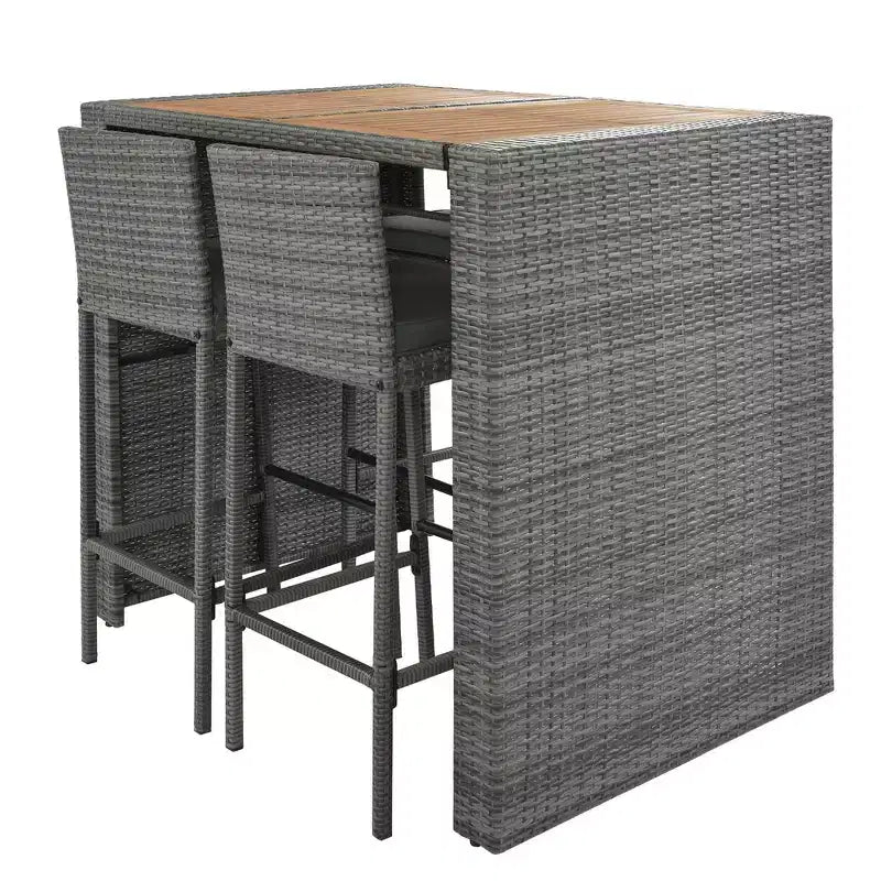 Set da bar da esterno Whisen a 5 pezzi in vimini di rattan PE con tavolo pieghevole e cuscini