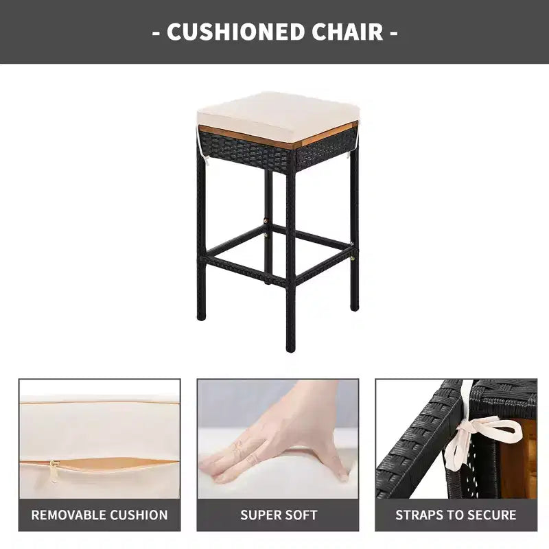 Set da bar da esterno Whisen a 5 pezzi in vimini di rattan PE con tavolo pieghevole e cuscini
