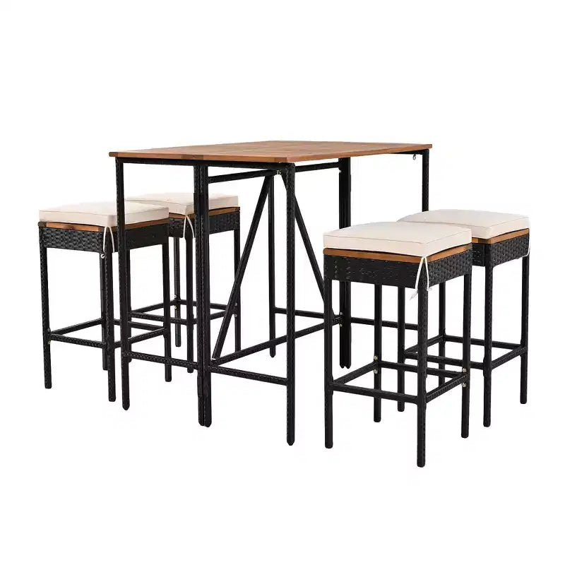 Set da bar da esterno Whisen a 5 pezzi in vimini di rattan PE con tavolo pieghevole e cuscini