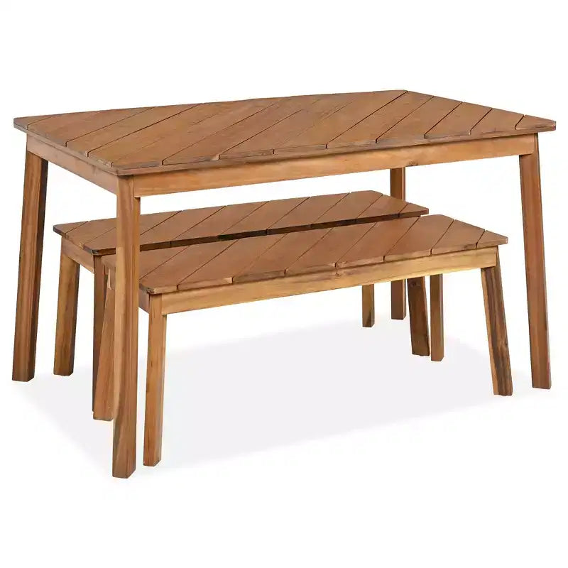 Set da pranzo Whisen in legno per esterni con 2 panche, tavolo da picnic in legno di acacia per patio, portico, giardino - Naturale