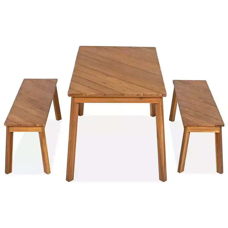 Set da pranzo Whisen in legno per esterni con 2 panche, tavolo da picnic in legno di acacia per patio, portico, giardino - Naturale