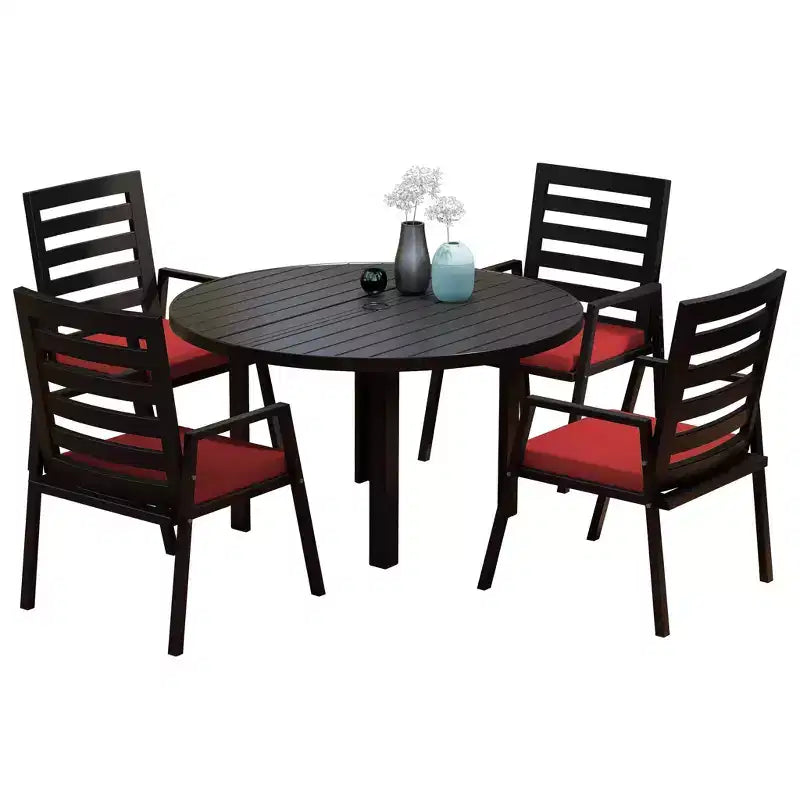 Ensemble de salle à manger d'extérieur 5 pièces LeisureMod Chelsea, table à manger ronde en aluminium de 48 pouces et 4 fauteuils de salle à manger