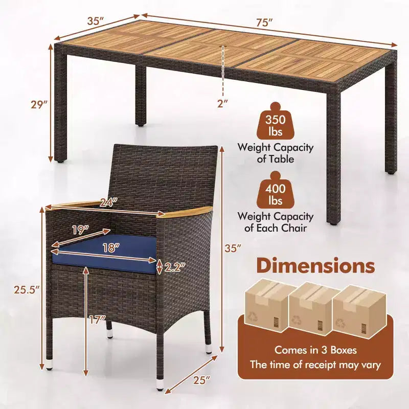 Costway Set da Pranzo da Esterno da 9 Pezzi con Tavolo in Legno di Acacia Set da Pranzo da Patio per 8 Persone Blu Scuro/Beige