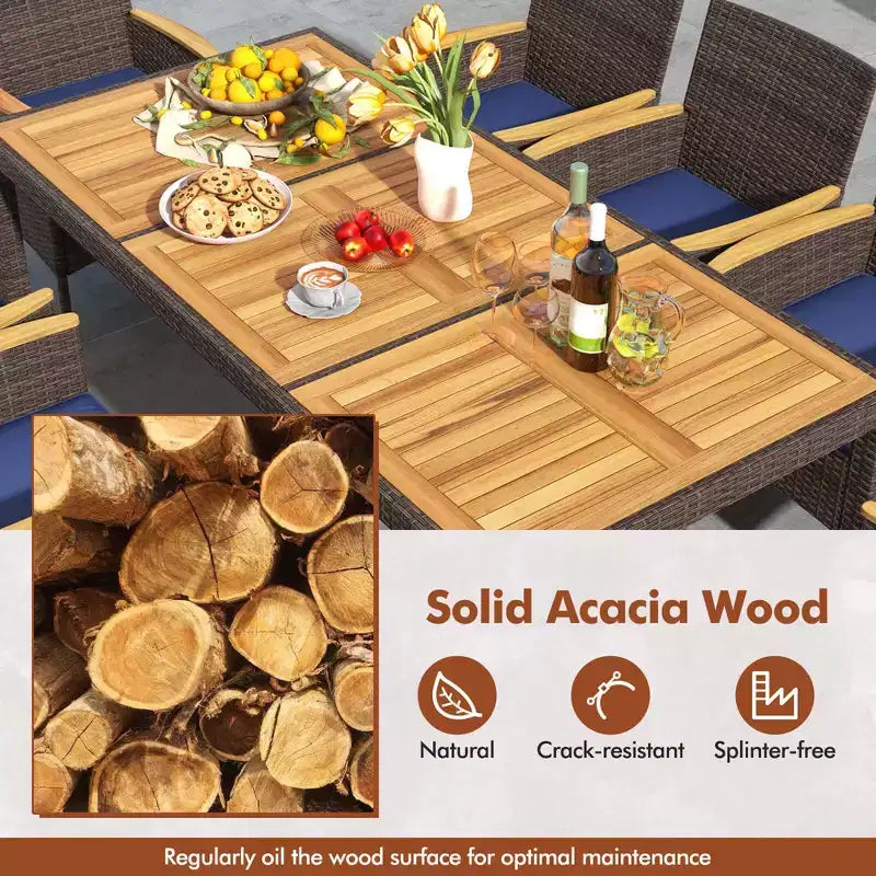 Costway Set da Pranzo da Esterno da 9 Pezzi con Tavolo in Legno di Acacia Set da Pranzo da Patio per 8 Persone Blu Scuro/Beige