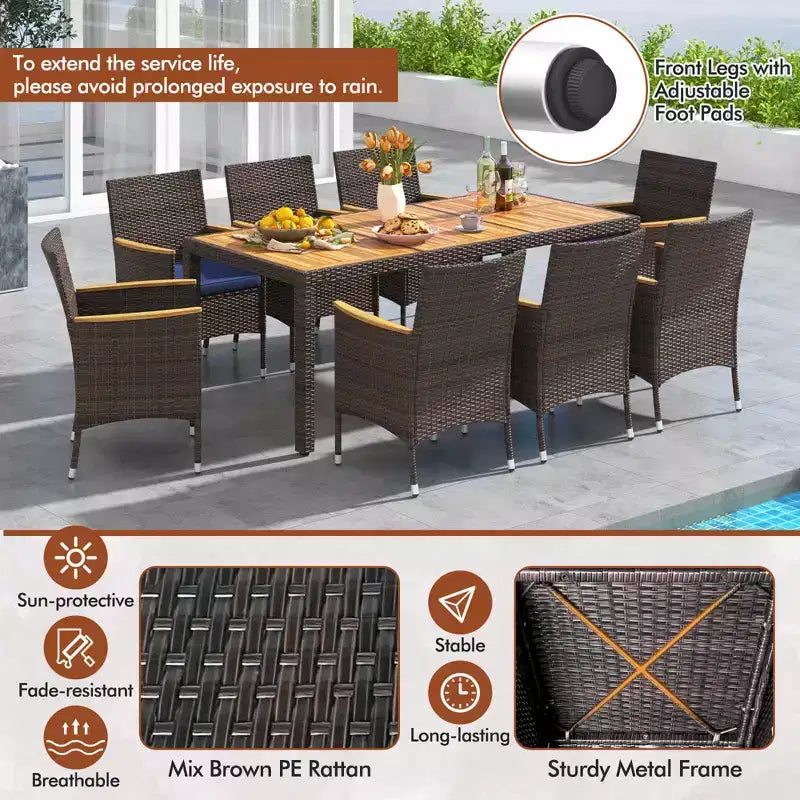 Costway Set da Pranzo da Esterno da 9 Pezzi con Tavolo in Legno di Acacia Set da Pranzo da Patio per 8 Persone Blu Scuro/Beige