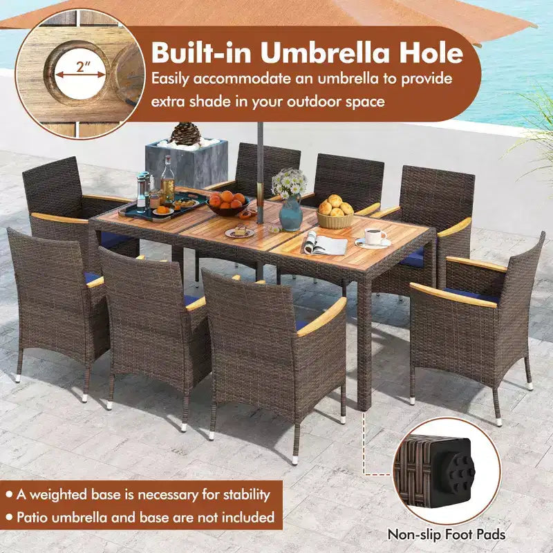 Costway Set da Pranzo da Esterno da 9 Pezzi con Tavolo in Legno di Acacia Set da Pranzo da Patio per 8 Persone Blu Scuro/Beige