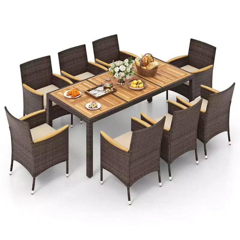 Costway Set da Pranzo da Esterno da 9 Pezzi con Tavolo in Legno di Acacia Set da Pranzo da Patio per 8 Persone Blu Scuro/Beige