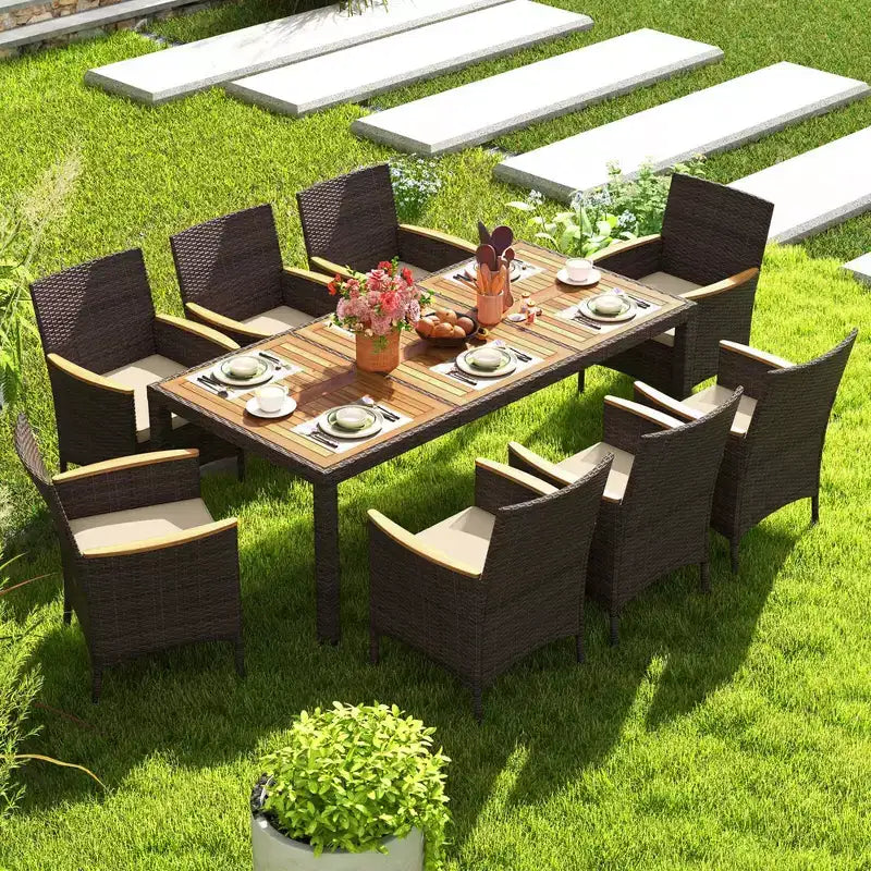 Costway Set da Pranzo da Esterno da 9 Pezzi con Tavolo in Legno di Acacia Set da Pranzo da Patio per 8 Persone Blu Scuro/Beige