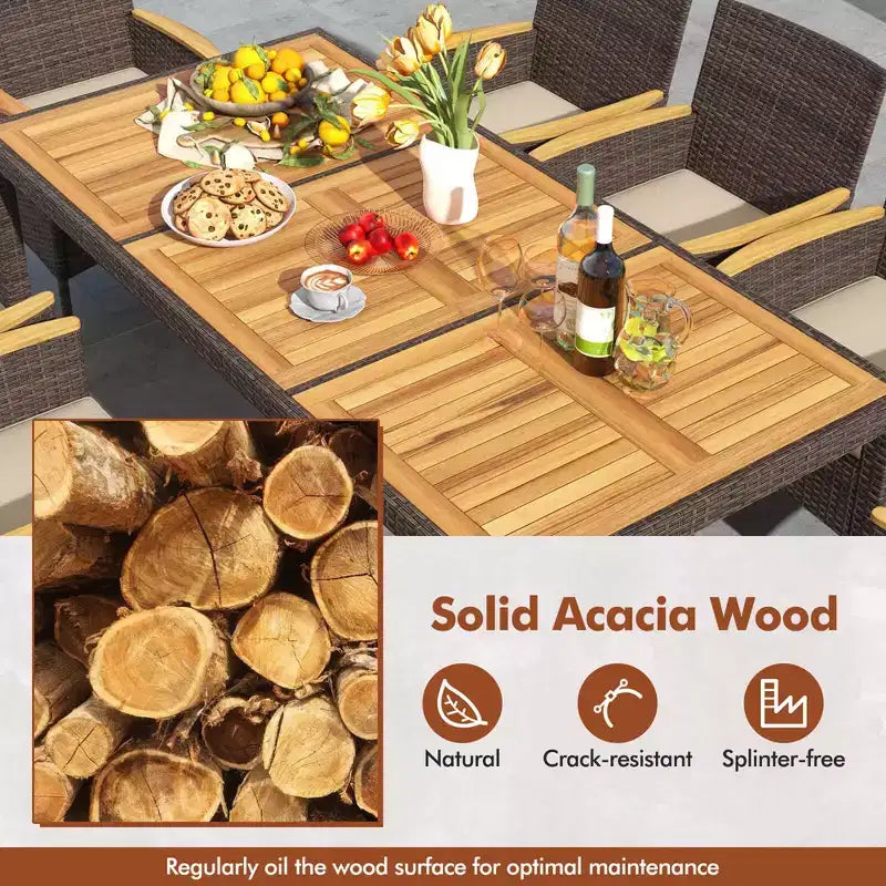 Costway Set da Pranzo da Esterno da 9 Pezzi con Tavolo in Legno di Acacia Set da Pranzo da Patio per 8 Persone Blu Scuro/Beige