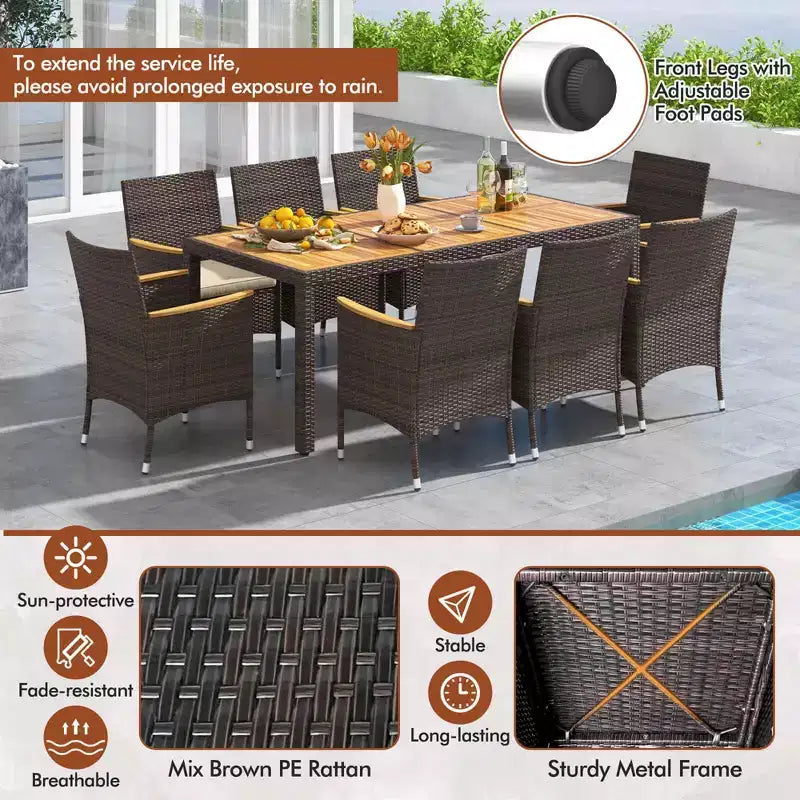 Costway Set da Pranzo da Esterno da 9 Pezzi con Tavolo in Legno di Acacia Set da Pranzo da Patio per 8 Persone Blu Scuro/Beige