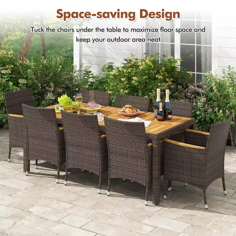 Costway Set da Pranzo da Esterno da 9 Pezzi con Tavolo in Legno di Acacia Set da Pranzo da Patio per 8 Persone Blu Scuro/Beige
