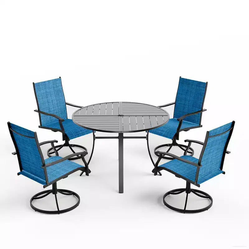 Set da pranzo da esterno EROMMY 5 pezzi, set tavolo e sedie da esterno per 4 persone, 4 sedie girevoli, 1 tavolo rotondo in ferro con foro regolabile per ombrellone