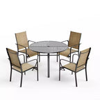 Set da pranzo da esterni 5 pezzi EROMMY, set tavolo e sedie da esterni per 4 persone, 4 sedie in Textilene, 1 tavolo rotondo in ferro con foro per ombrellone regolabile