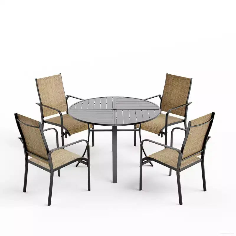 Set da pranzo da esterni 5 pezzi EROMMY, set tavolo e sedie da esterni per 4 persone, 4 sedie in Textilene, 1 tavolo rotondo in ferro con foro per ombrellone regolabile