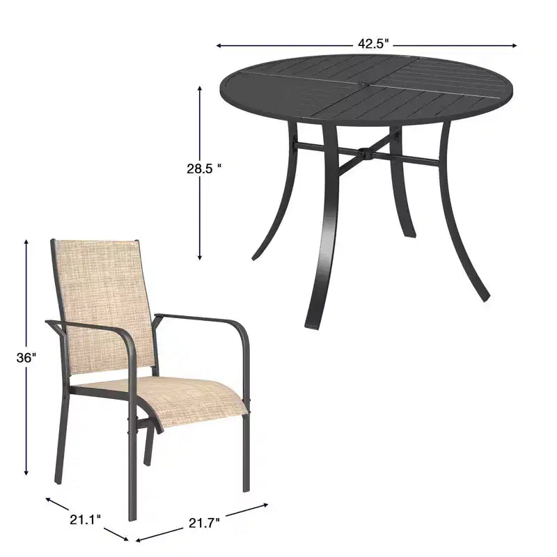 Set da pranzo da esterni 5 pezzi EROMMY, set tavolo e sedie da esterni per 4 persone, 4 sedie in Textilene, 1 tavolo rotondo in ferro con foro per ombrellone regolabile