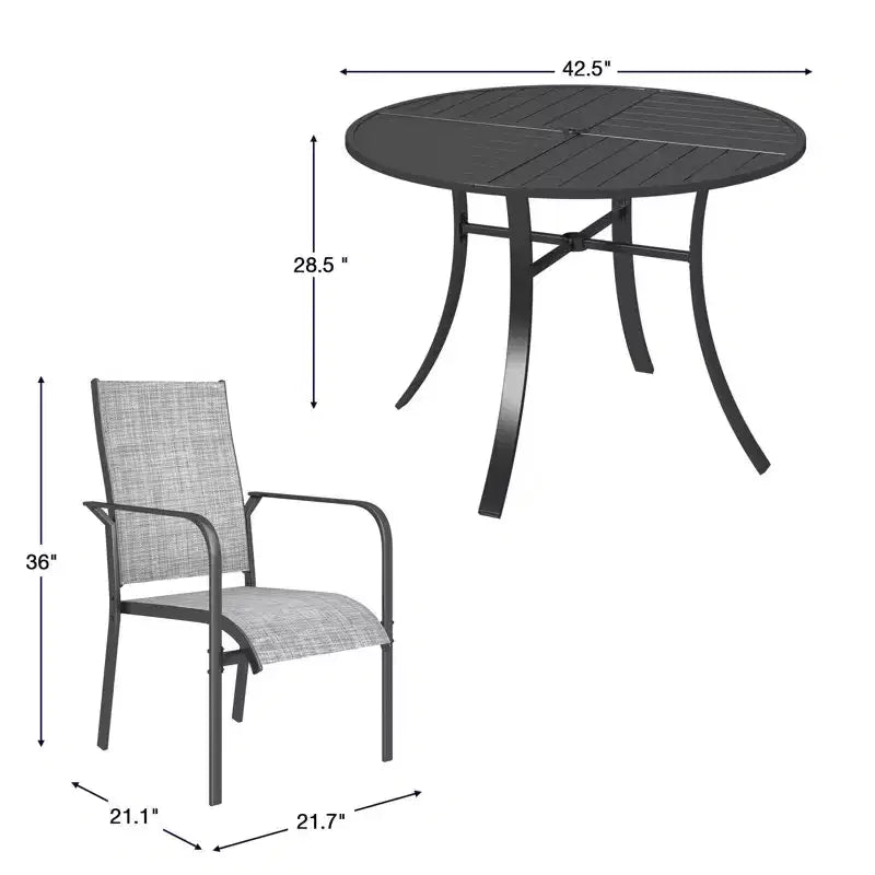 Set da pranzo da esterni 5 pezzi EROMMY, set tavolo e sedie da esterni per 4 persone, 4 sedie in Textilene, 1 tavolo rotondo in ferro con foro per ombrellone regolabile