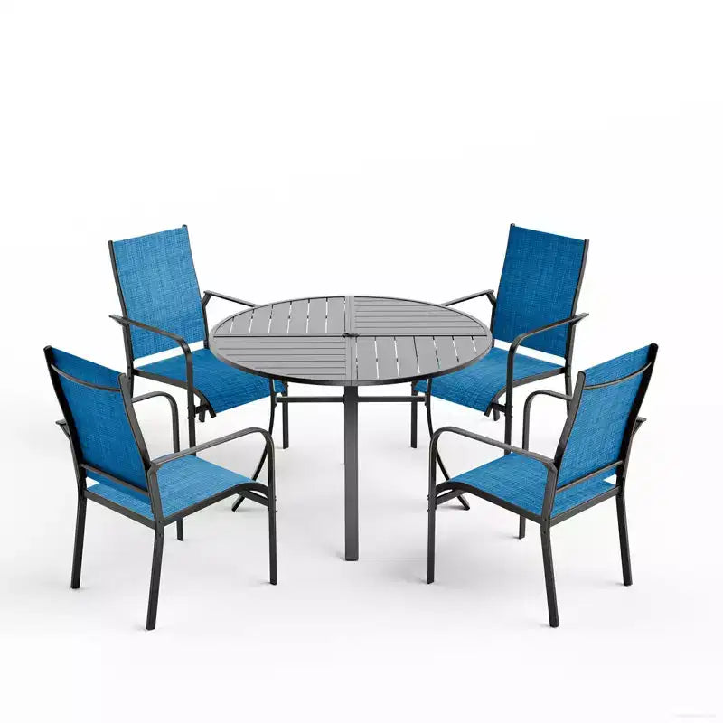 Set da pranzo da esterni 5 pezzi EROMMY, set tavolo e sedie da esterni per 4 persone, 4 sedie in Textilene, 1 tavolo rotondo in ferro con foro per ombrellone regolabile
