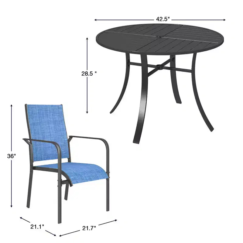 Set da pranzo da esterni 5 pezzi EROMMY, set tavolo e sedie da esterni per 4 persone, 4 sedie in Textilene, 1 tavolo rotondo in ferro con foro per ombrellone regolabile