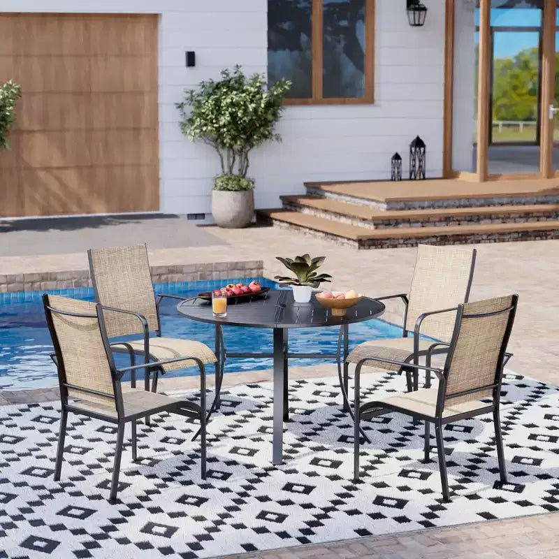 EROMMY 5 Piece Patio Dining Set, Outdoor Dining Table And Chairs Set For 4, 4 Textilene Chairs, 1 Iron Round Table With Adjustable Umbrella Hole
