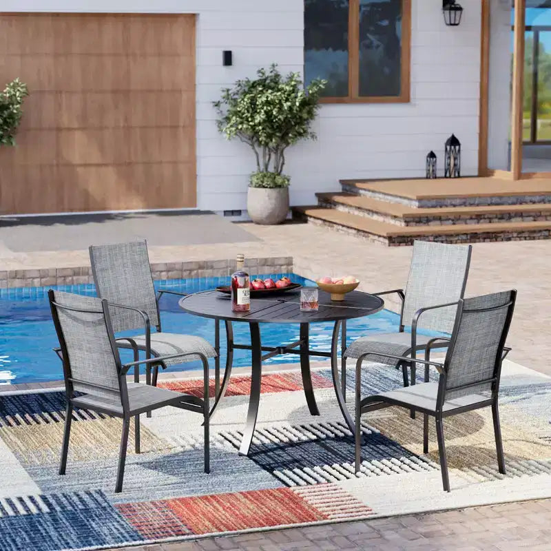 Ensemble de salle à manger de patio EROMMY 5 pièces, table et chaises d'extérieur pour 4 personnes, 4 chaises en textilène, 1 table ronde en fer avec trou pour parasol réglable