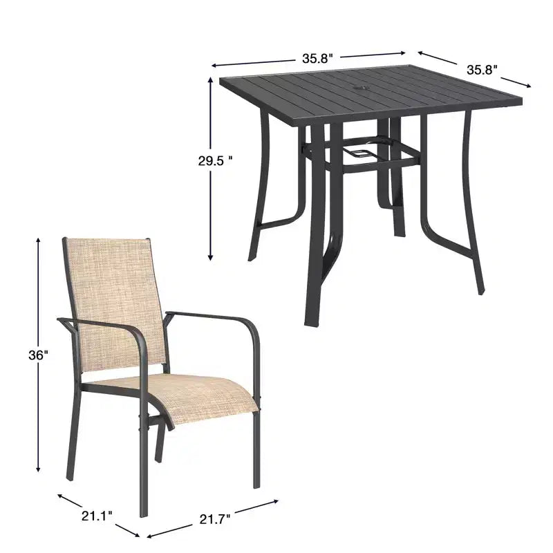 EROMMY Set da Pranzo da Giardino 5 Pezzi, Tavolo da Esterno e Sedie per 4 Persone, 4 Sedie in Textilene, 1 Tavolo Quadrato in Ferro, Set di Mobili per Esterni per Terrazzo