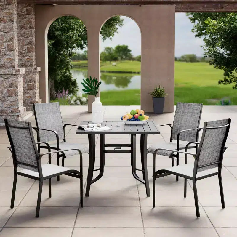 EROMMY Ensemble de salle à manger de jardin 5 pièces, Ensemble de table et chaises de jardin pour 4 personnes, 4 chaises en textilène, 1 table carrée en fer, Ensemble de mobilier de jardin pour terrasse