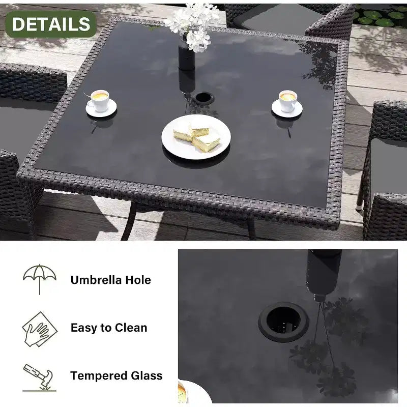 ALAULM Set di Mobili da Giardino per Esterni, Set Tavolo e Sedie da Pranzo in Rattan Intrecciato per Patio, Tavolo Quadrato con Piano in Vetro Temperato e Set Ombrellone