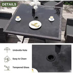 ALAULM Set di Mobili da Giardino per Esterni, Set Tavolo e Sedie da Pranzo in Rattan Intrecciato per Patio, Tavolo Quadrato con Piano in Vetro Temperato e Set Ombrellone
