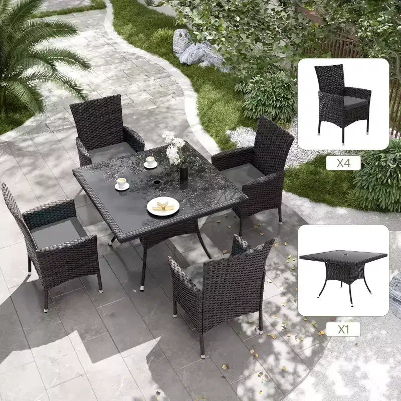 ALAULM Set di Mobili da Giardino per Esterni, Set Tavolo e Sedie da Pranzo in Rattan Intrecciato per Patio, Tavolo Quadrato con Piano in Vetro Temperato e Set Ombrellone