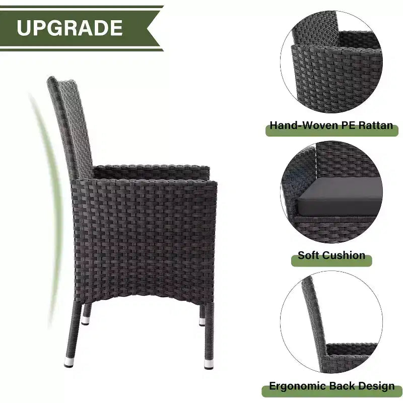 ALAULM Set di Mobili da Giardino per Esterni, Set Tavolo e Sedie da Pranzo in Rattan Intrecciato per Patio, Tavolo Quadrato con Piano in Vetro Temperato e Set Ombrellone
