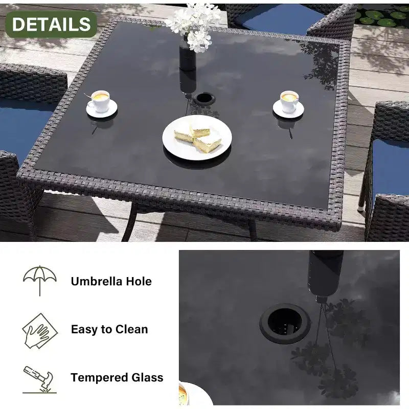 ALAULM Set di Mobili da Giardino per Esterni, Set Tavolo e Sedie da Pranzo in Rattan Intrecciato per Patio, Tavolo Quadrato con Piano in Vetro Temperato e Set Ombrellone