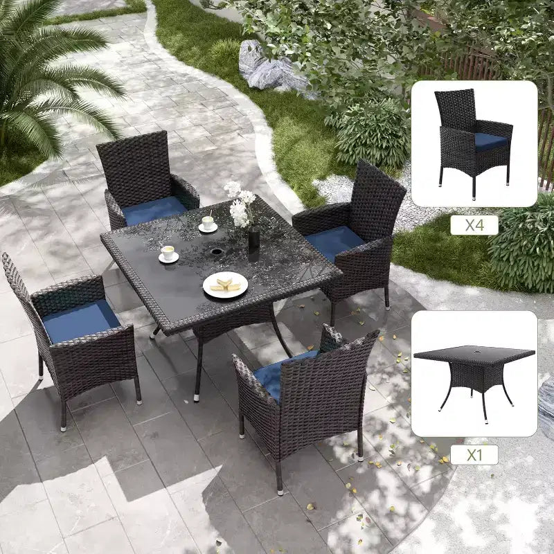 ALAULM Set di Mobili da Giardino per Esterni, Set Tavolo e Sedie da Pranzo in Rattan Intrecciato per Patio, Tavolo Quadrato con Piano in Vetro Temperato e Set Ombrellone