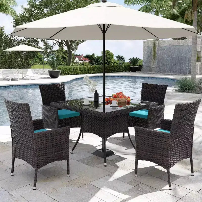 ALAULM Set di Mobili da Giardino per Esterni, Set Tavolo e Sedie da Pranzo in Rattan Intrecciato per Patio, Tavolo Quadrato con Piano in Vetro Temperato e Set Ombrellone