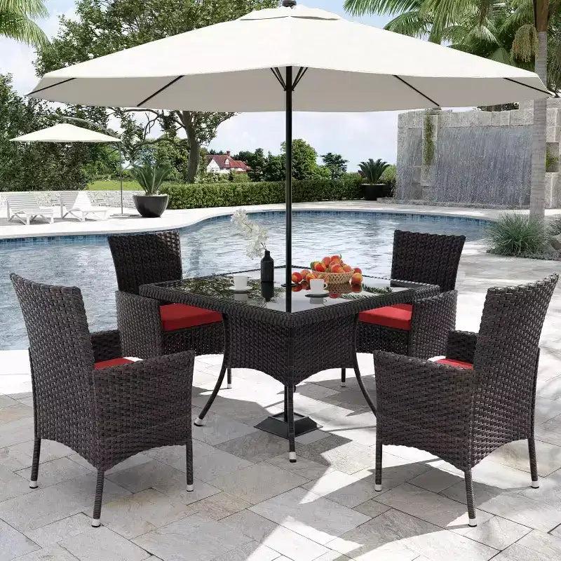 ALAULM Set di Mobili da Giardino per Esterni, Set Tavolo e Sedie da Pranzo in Rattan Intrecciato per Patio, Tavolo Quadrato con Piano in Vetro Temperato e Set Ombrellone