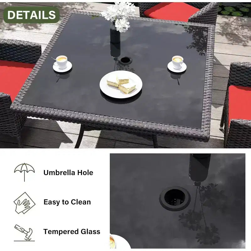 ALAULM Set di Mobili da Giardino per Esterni, Set Tavolo e Sedie da Pranzo in Rattan Intrecciato per Patio, Tavolo Quadrato con Piano in Vetro Temperato e Set Ombrellone