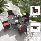 ALAULM Set di Mobili da Giardino per Esterni, Set Tavolo e Sedie da Pranzo in Rattan Intrecciato per Patio, Tavolo Quadrato con Piano in Vetro Temperato e Set Ombrellone