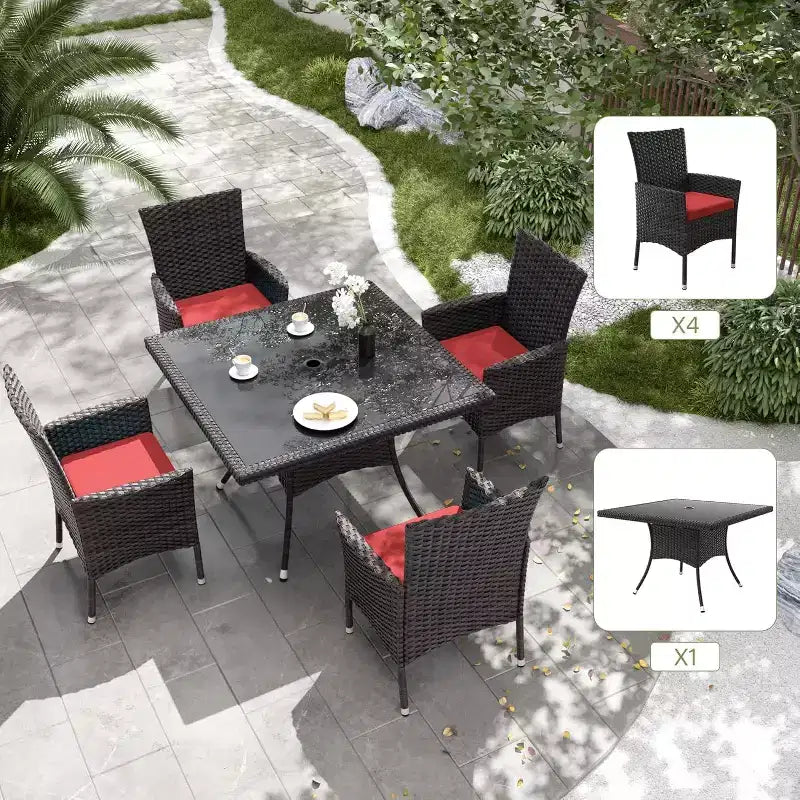 ALAULM Set di Mobili da Giardino per Esterni, Set Tavolo e Sedie da Pranzo in Rattan Intrecciato per Patio, Tavolo Quadrato con Piano in Vetro Temperato e Set Ombrellone