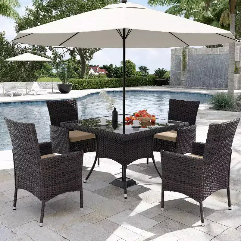 ALAULM Set di Mobili da Giardino per Esterni, Set Tavolo e Sedie da Pranzo in Rattan Intrecciato per Patio, Tavolo Quadrato con Piano in Vetro Temperato e Set Ombrellone