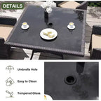 ALAULM Set di Mobili da Giardino per Esterni, Set Tavolo e Sedie da Pranzo in Rattan Intrecciato per Patio, Tavolo Quadrato con Piano in Vetro Temperato e Set Ombrellone