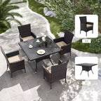 ALAULM Set di Mobili da Giardino per Esterni, Set Tavolo e Sedie da Pranzo in Rattan Intrecciato per Patio, Tavolo Quadrato con Piano in Vetro Temperato e Set Ombrellone