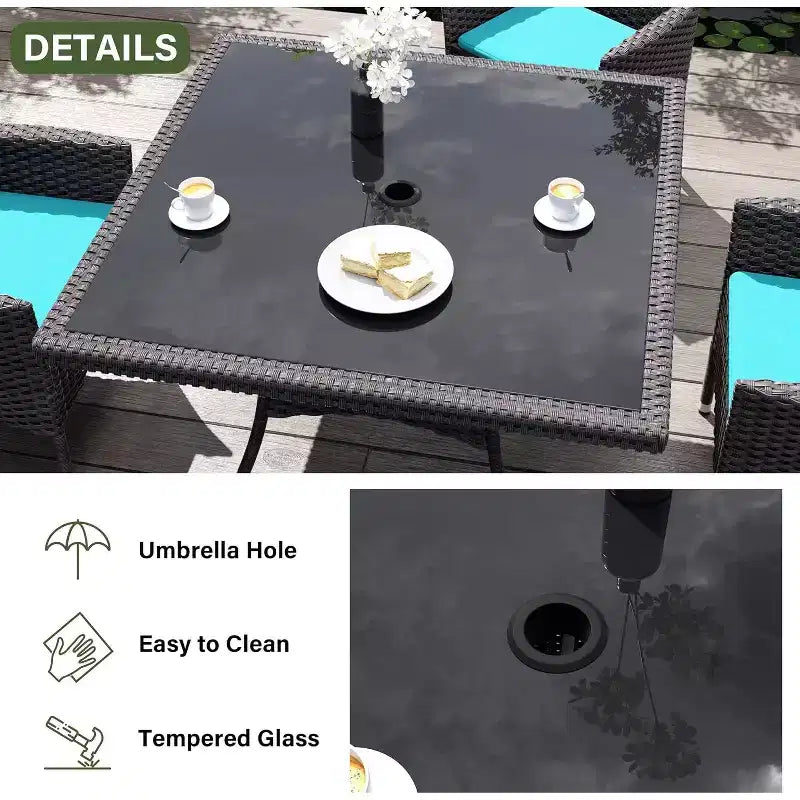 ALAULM Set di Mobili da Giardino per Esterni, Set Tavolo e Sedie da Pranzo in Rattan Intrecciato per Patio, Tavolo Quadrato con Piano in Vetro Temperato e Set Ombrellone